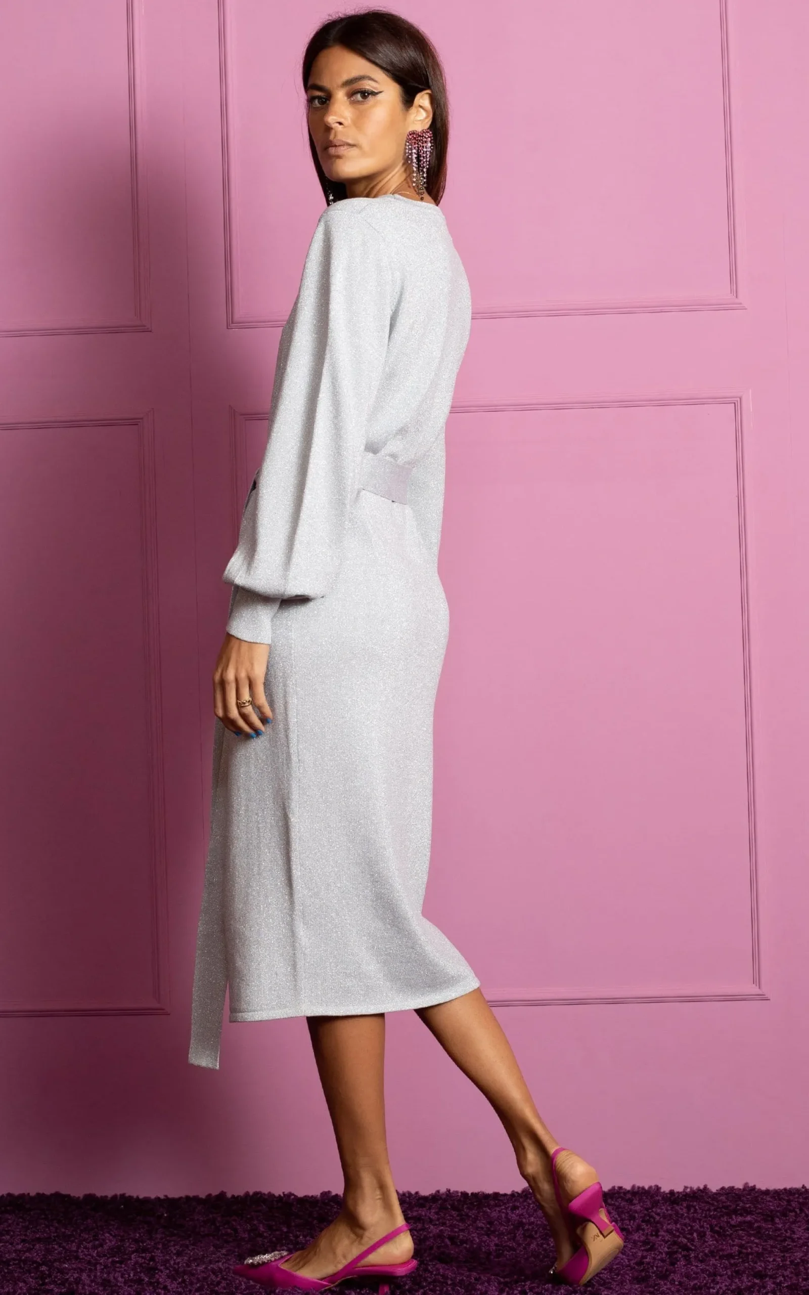 Memphis Metallic Knit Midi Dress In Silver