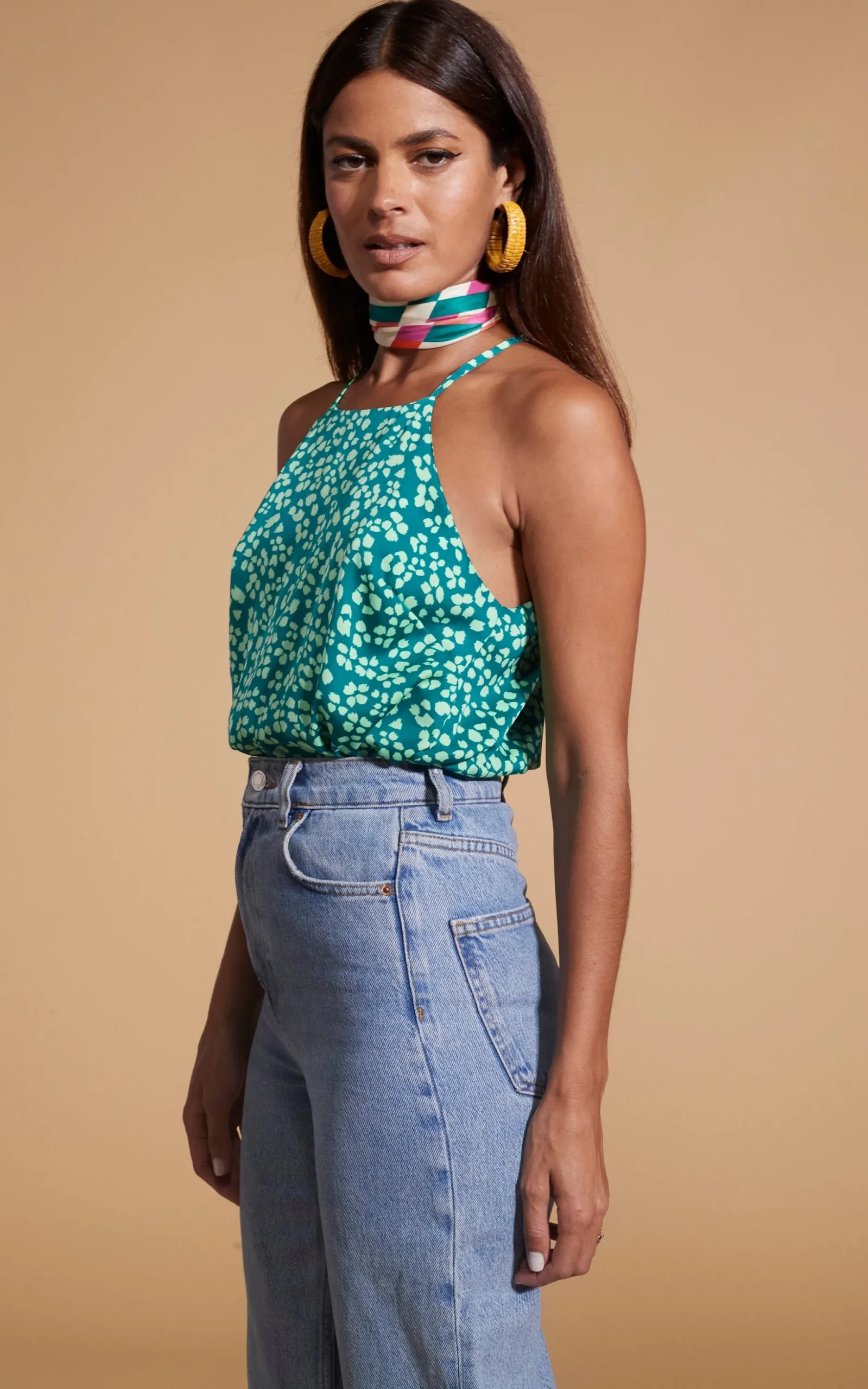 Nina Halter Cami Top In Green On Green Leopard