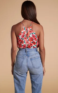 Nina Halter Cami Top In Hibiscus Red Orange On White