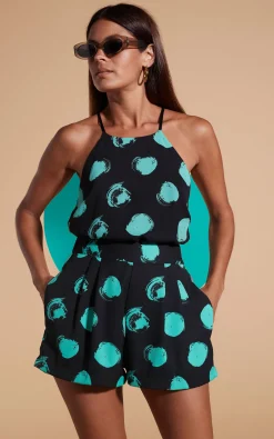 Nina Halter Cami Top In Large Dot Green On Black