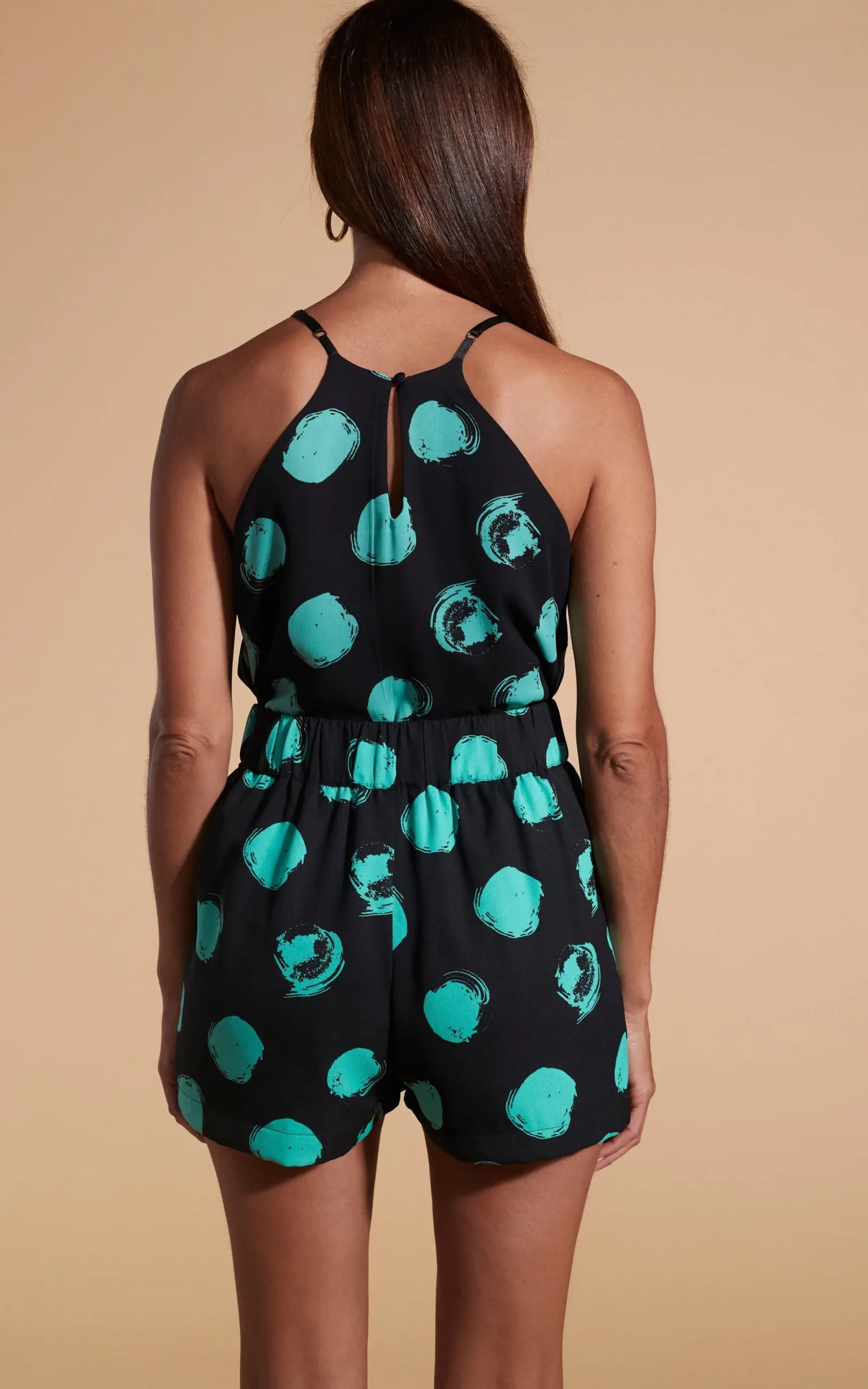 Nina Halter Cami Top In Large Dot Green On Black