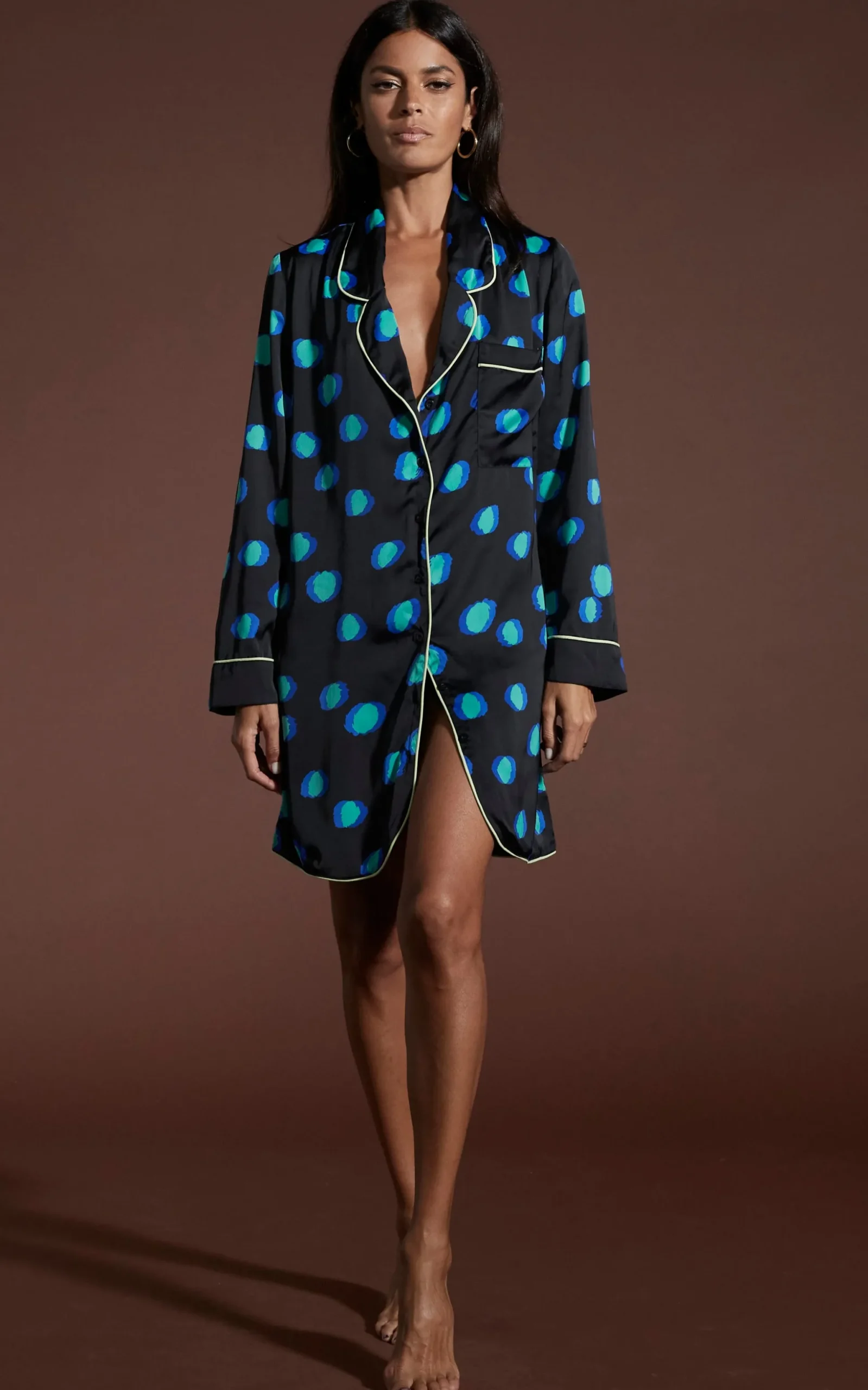 Nyx Satin Nightshirt In Polka Dot Blue On Black