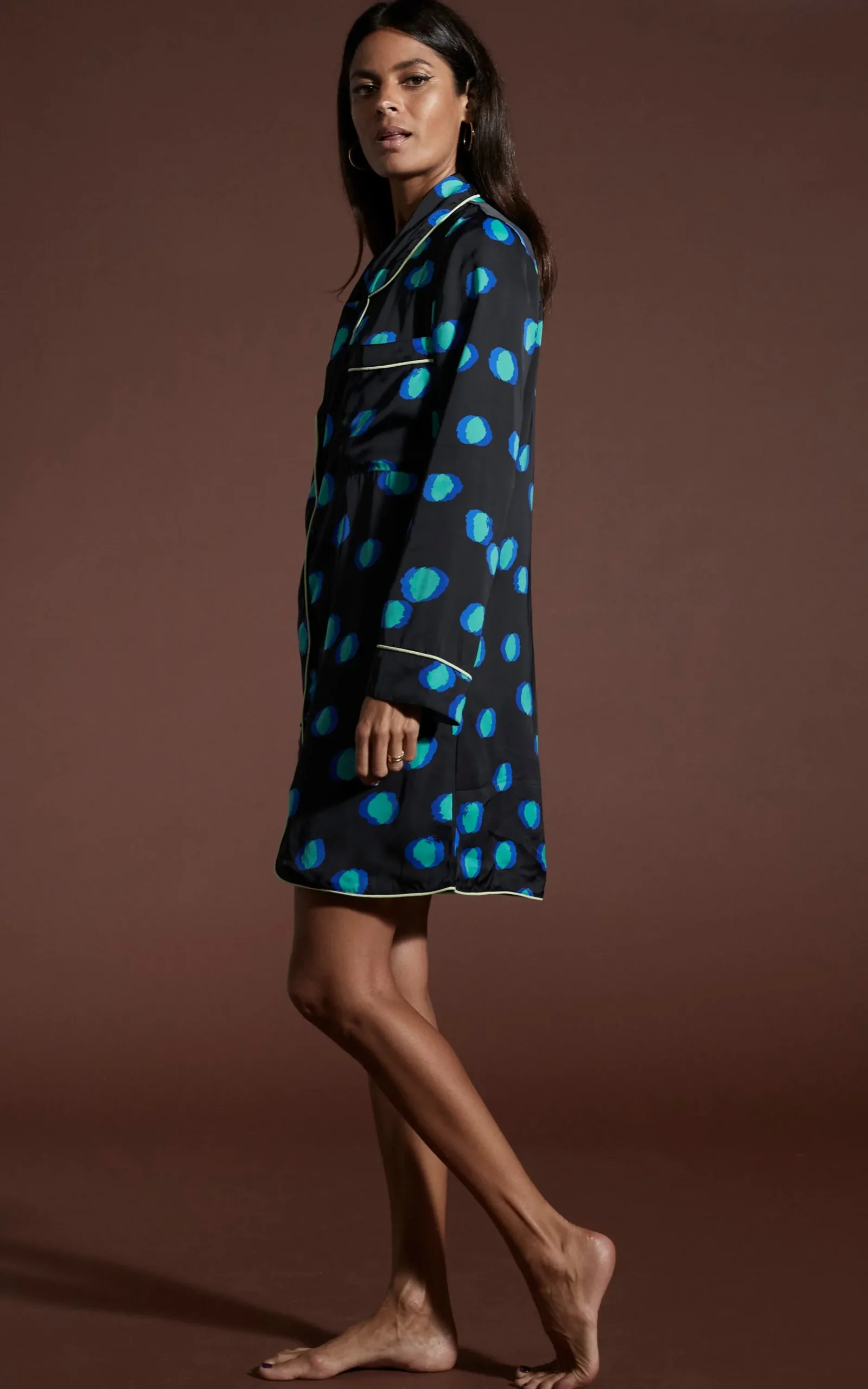 Nyx Satin Nightshirt In Polka Dot Blue On Black