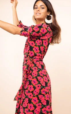 Olivera Midi Dress In Hibiscus Pink On Black