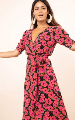 Olivera Midi Dress In Hibiscus Pink On Black