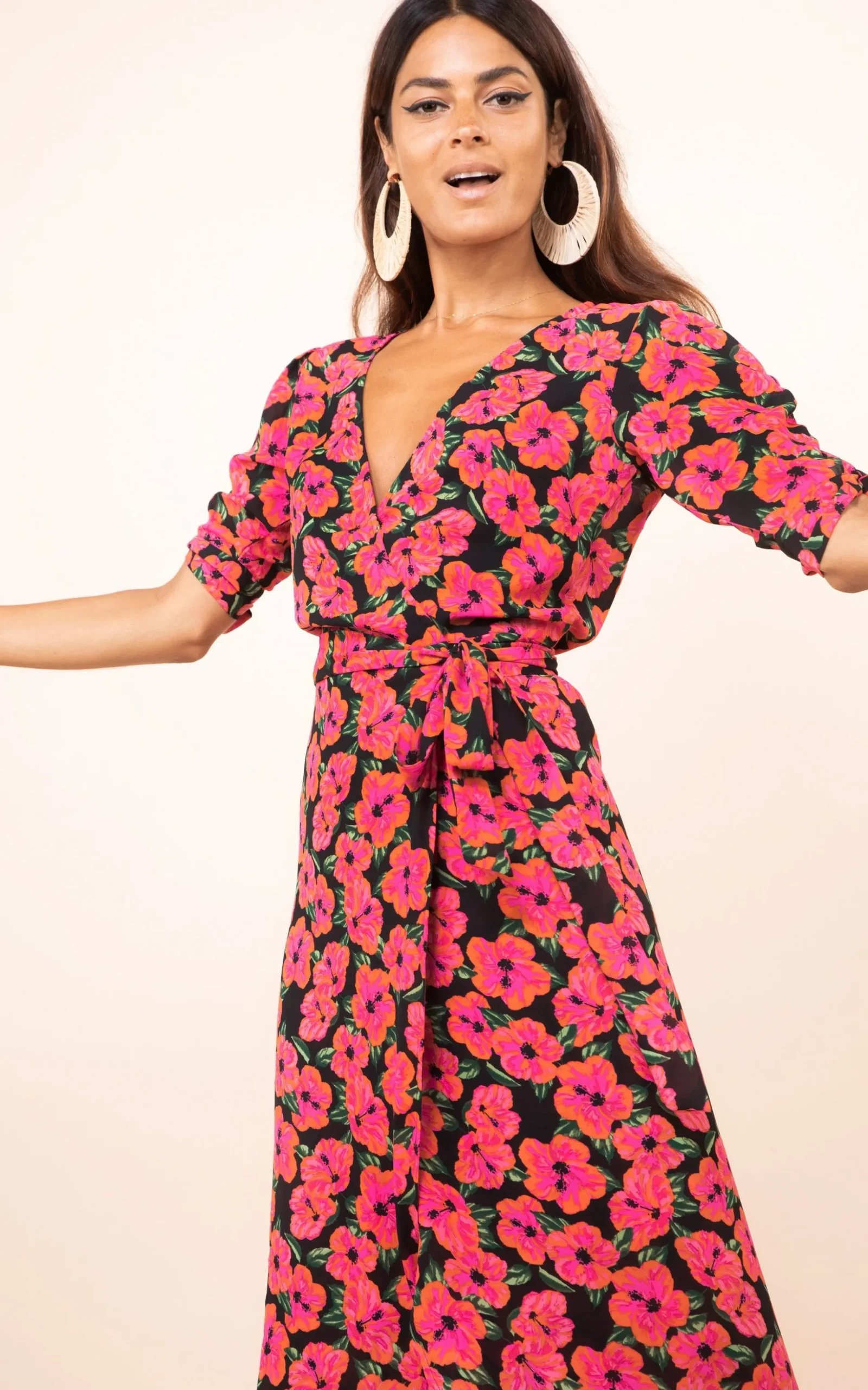 Olivera Midi Dress In Hibiscus Pink On Black