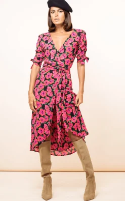 Olivera Midi Dress In Hibiscus Pink On Black