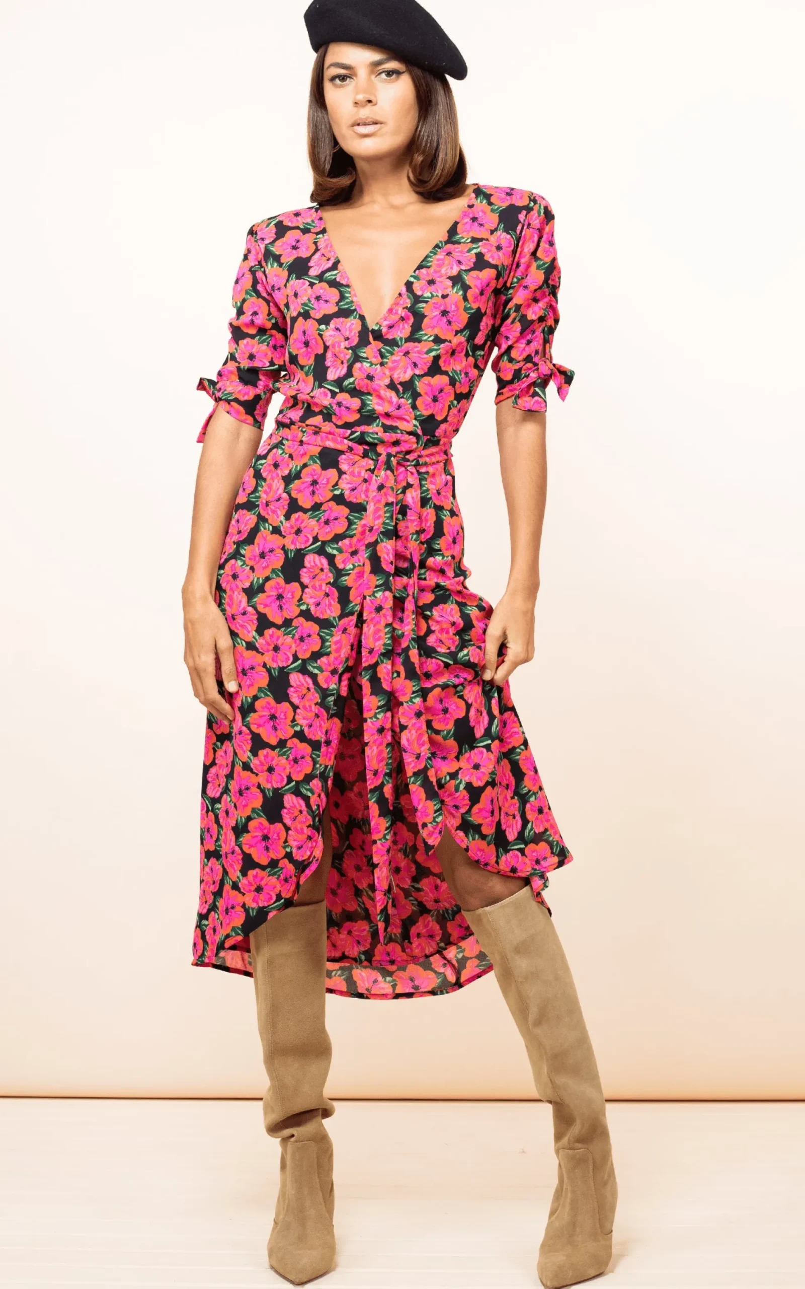 Olivera Midi Dress In Hibiscus Pink On Black