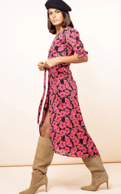 Olivera Midi Dress In Hibiscus Pink On Black