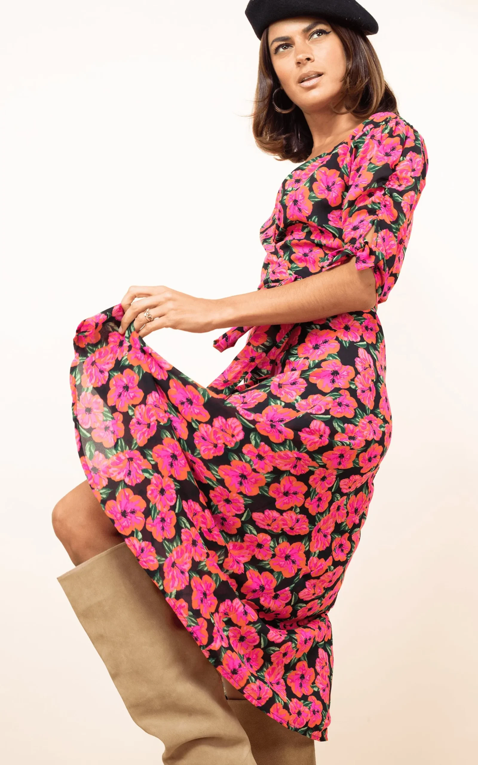 Olivera Midi Dress In Hibiscus Pink On Black