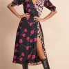 Olivera Midi Wrap Dress In Poppies On Black Mix