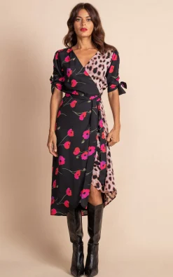 Olivera Midi Wrap Dress In Poppies On Black Mix