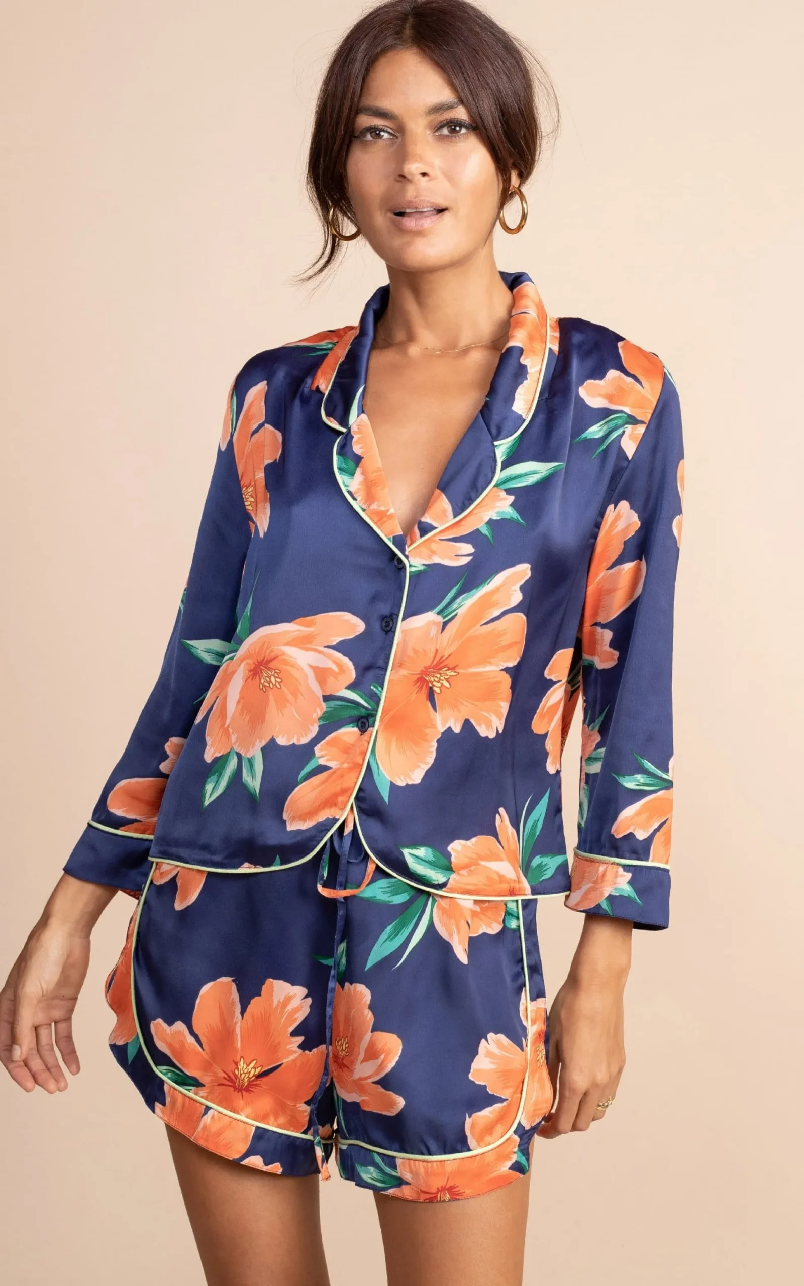 Oona Shortie Pj Set In Orange On Navy Tulip