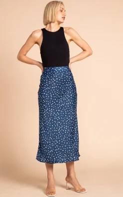 Renzo Satin Midi Slip Skirt In Abstract White On Navy