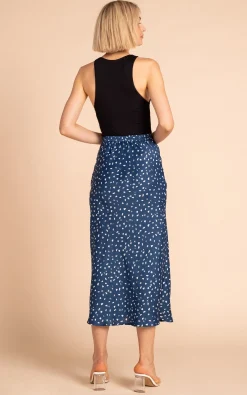 Renzo Satin Midi Slip Skirt In Abstract White On Navy