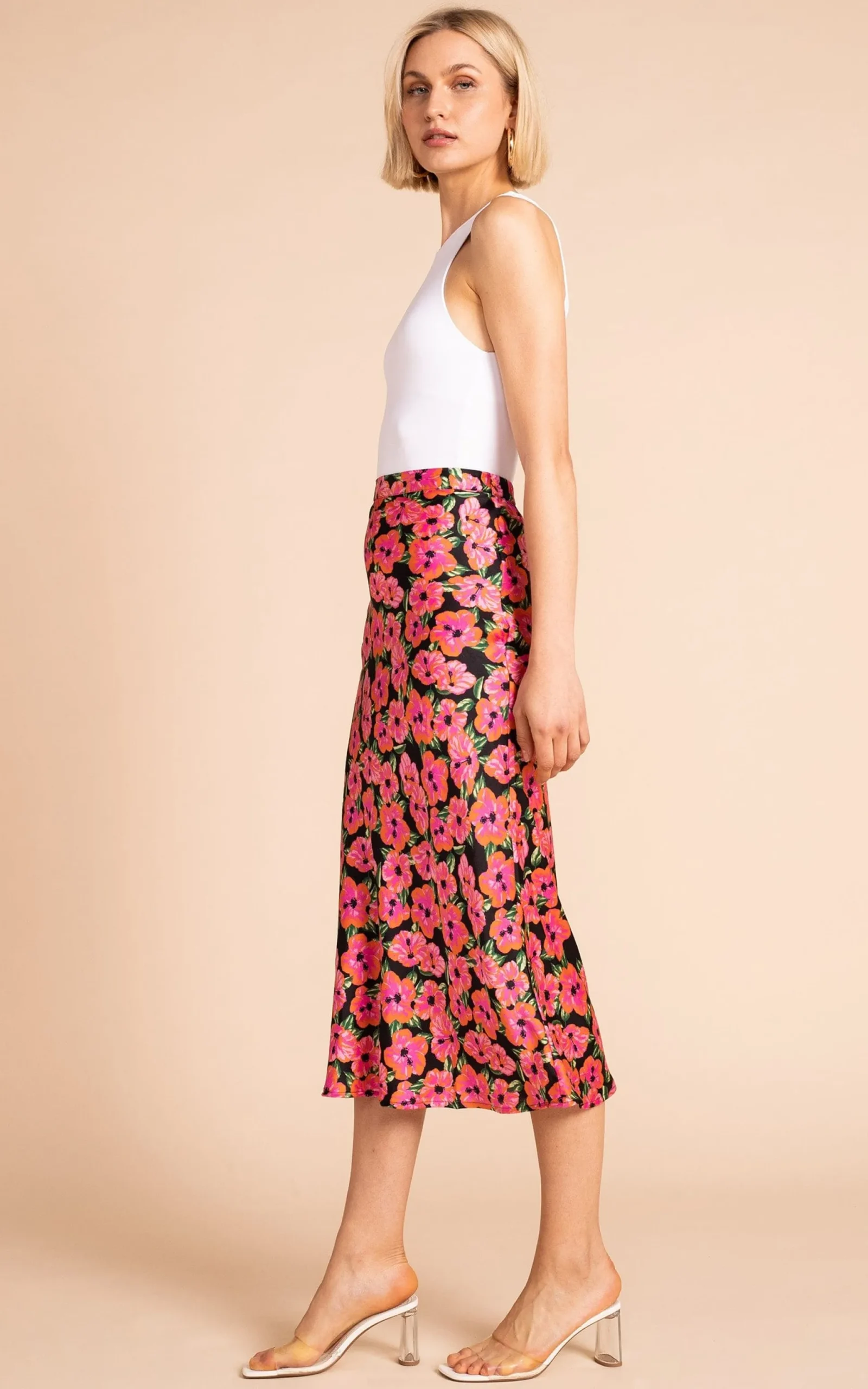 Renzo Skirt In Pink On Black Hibiscus