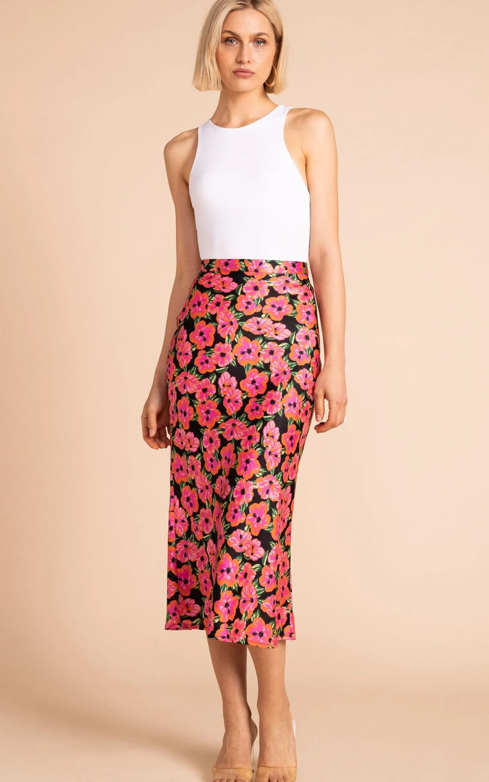 Renzo Skirt In Pink On Black Hibiscus