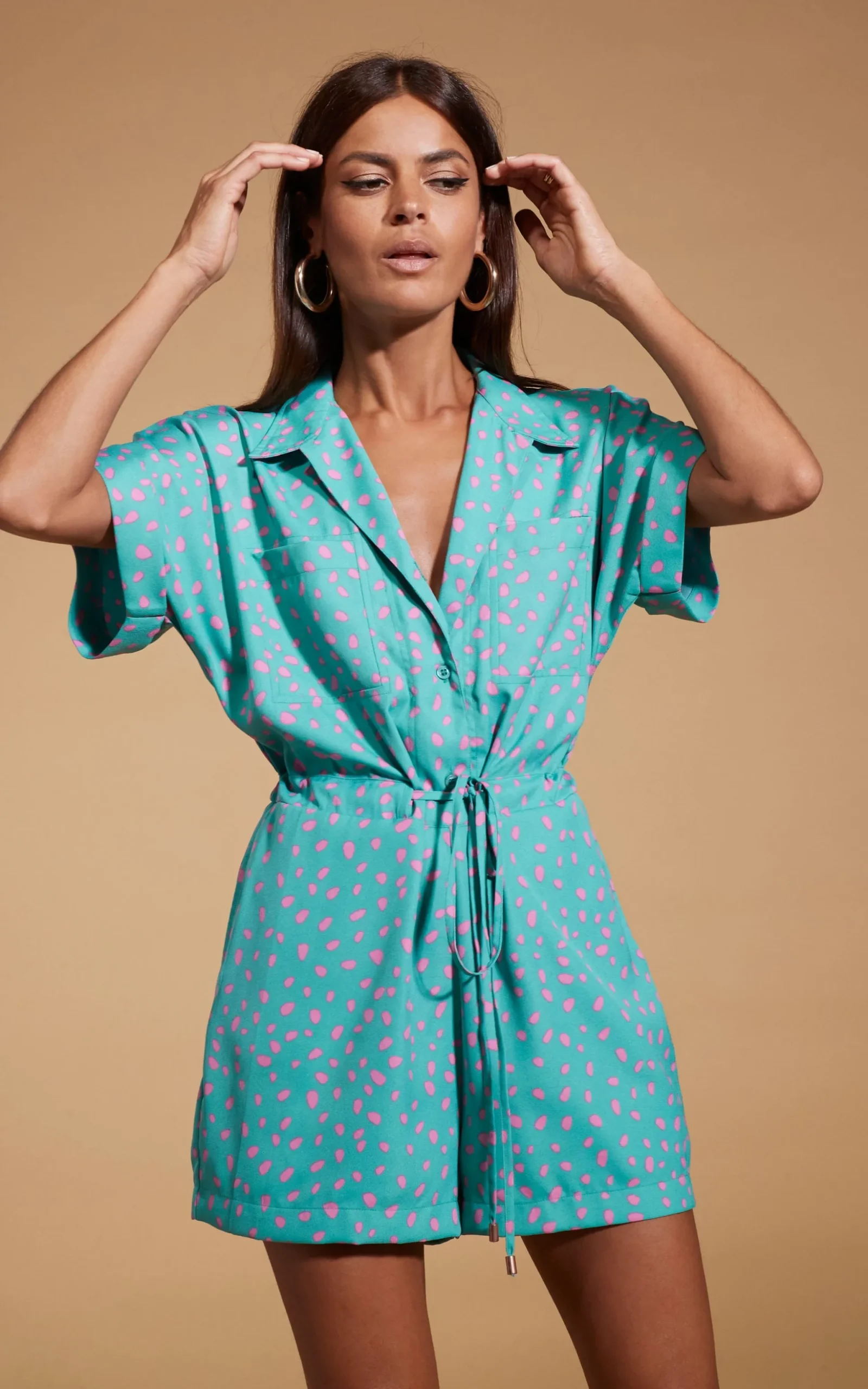 Rizzo Shirt Playsuit In Abstract Pink On Sea Green