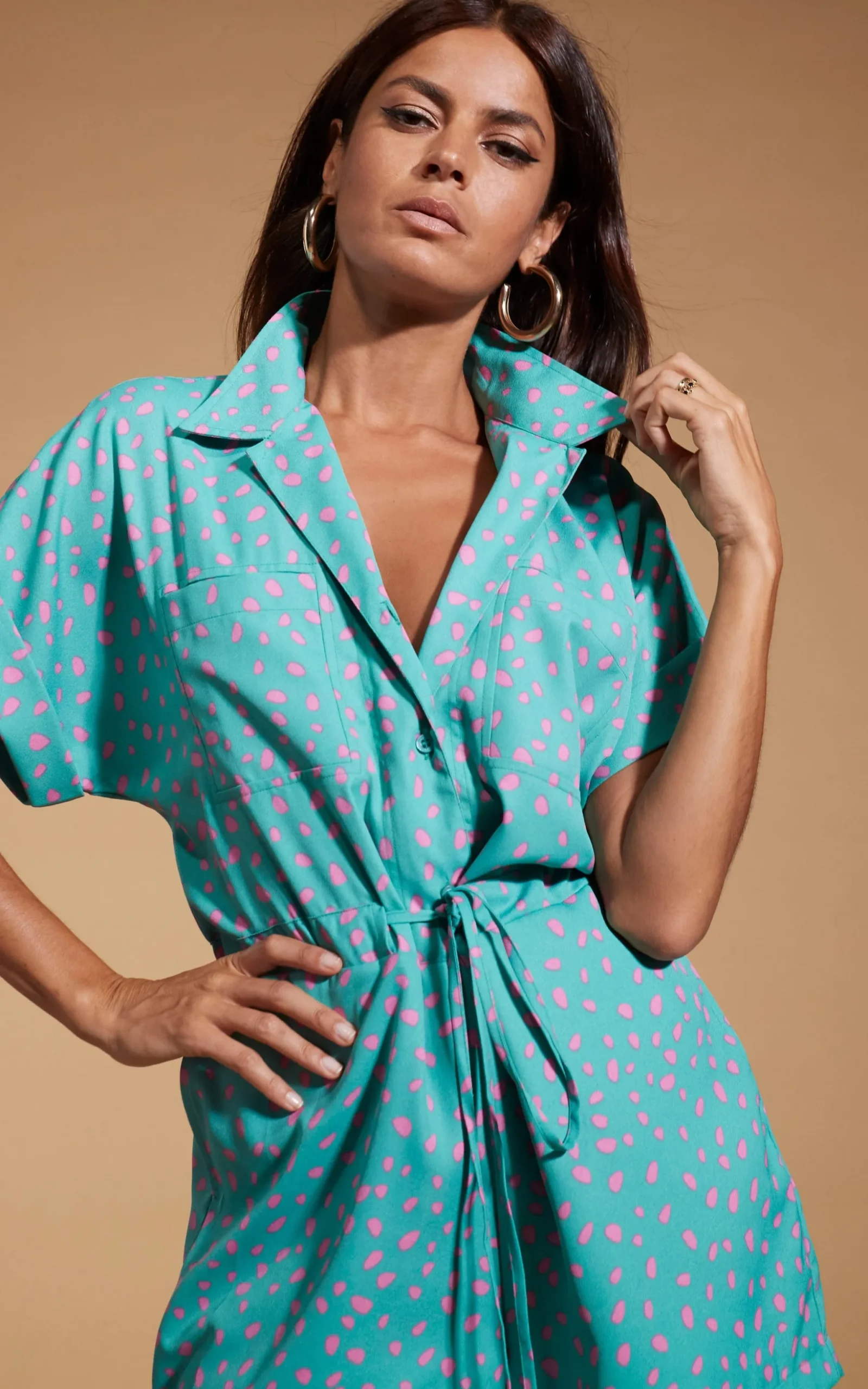 Rizzo Shirt Playsuit In Abstract Pink On Sea Green