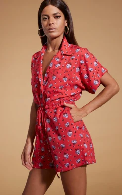 Rizzo Shirt Playsuit In Red Daisy
