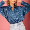 Satin Keaton Shirt In Abstract White On Navy