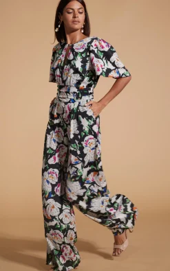 Savannah Jumpsuit In White On Black Floral