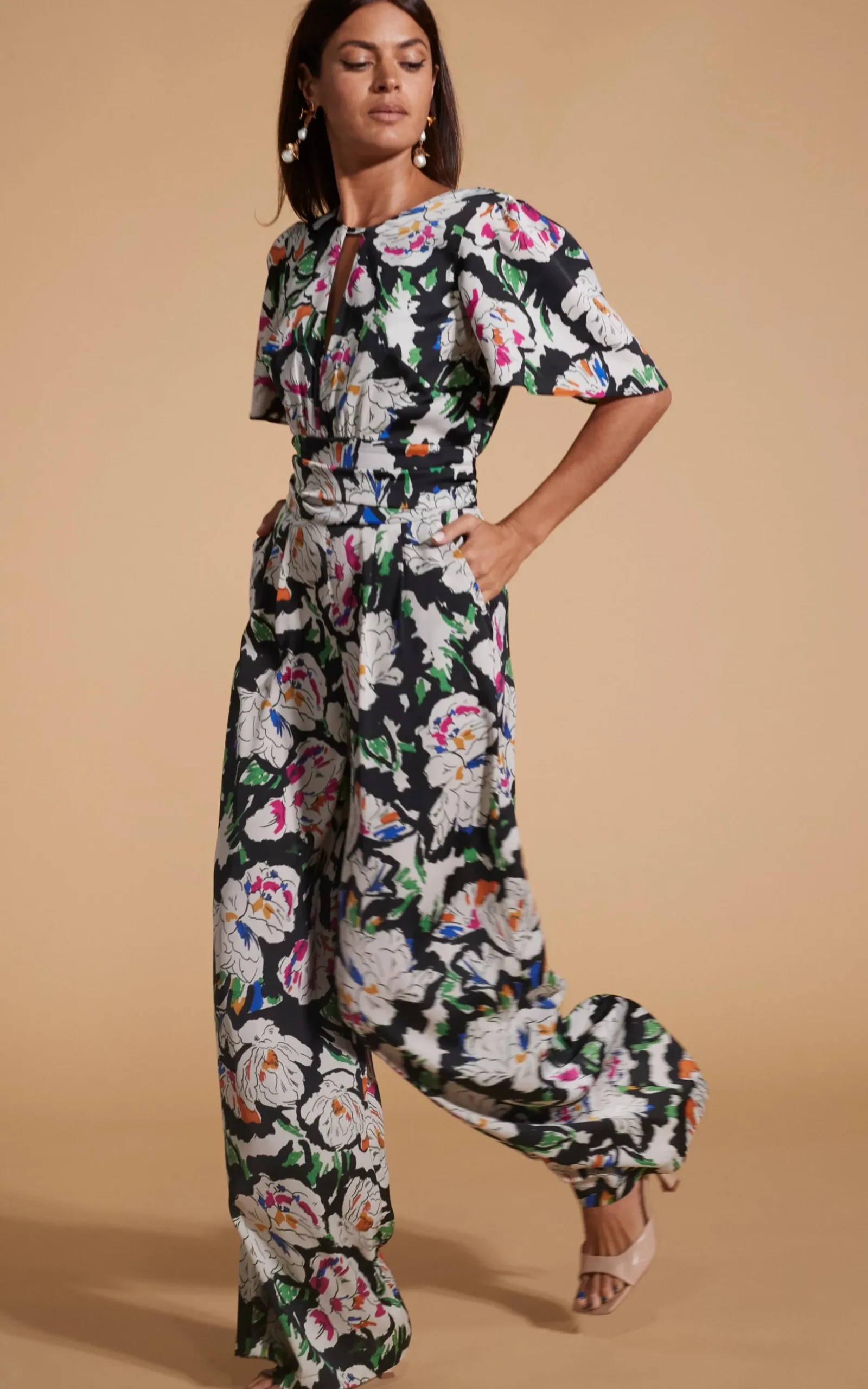 Savannah Jumpsuit In White On Black Floral