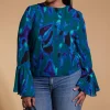 Suvi Flare Sleeve Top In Camo Abstract Blue On Green- Extended Sizing