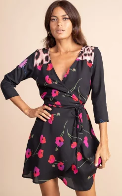 Teagan Mini Wrap Dress In Poppies On Black Mix