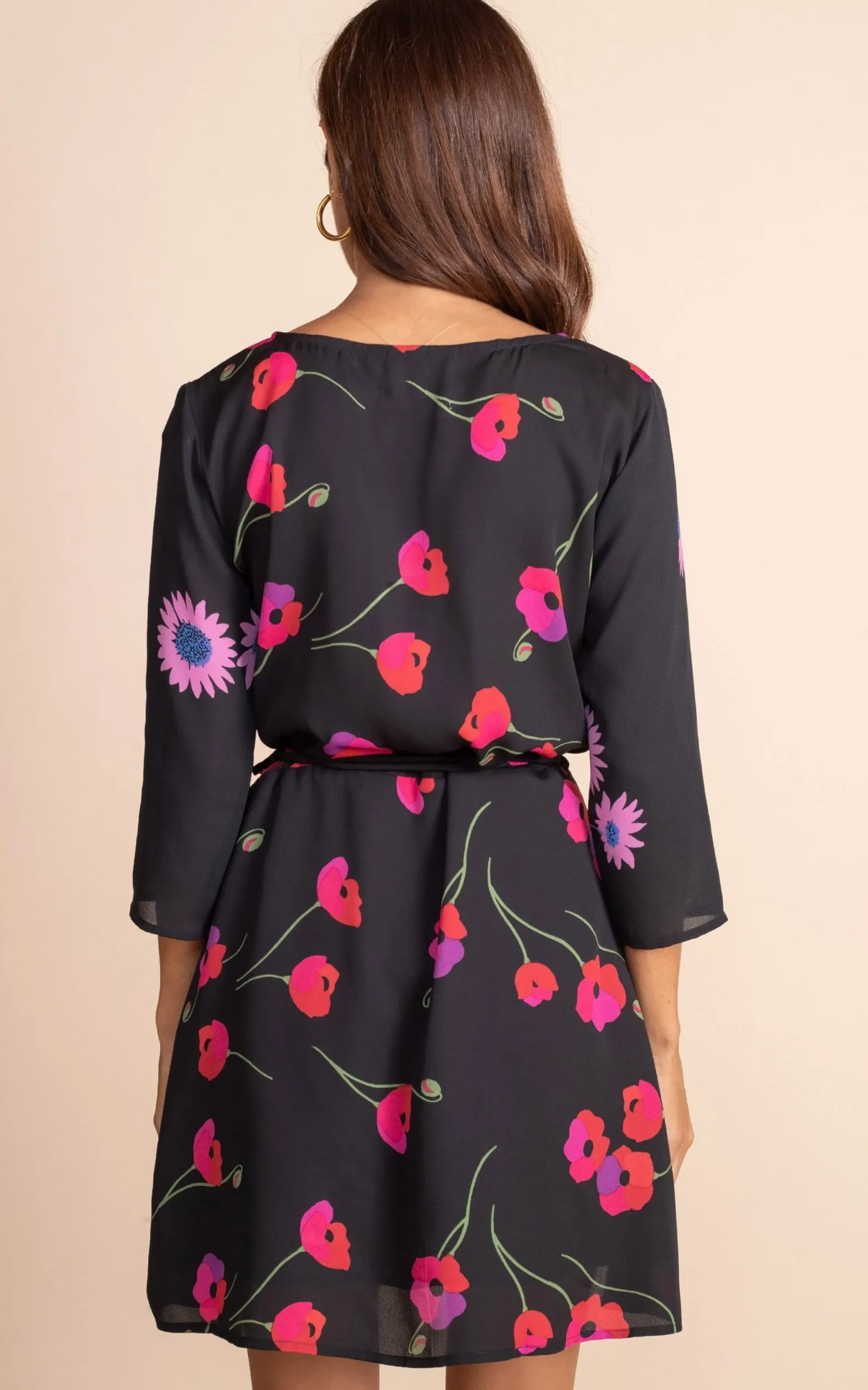 Teagan Mini Wrap Dress In Poppies On Black Mix