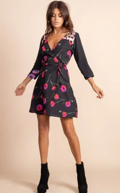 Teagan Mini Wrap Dress In Poppies On Black Mix