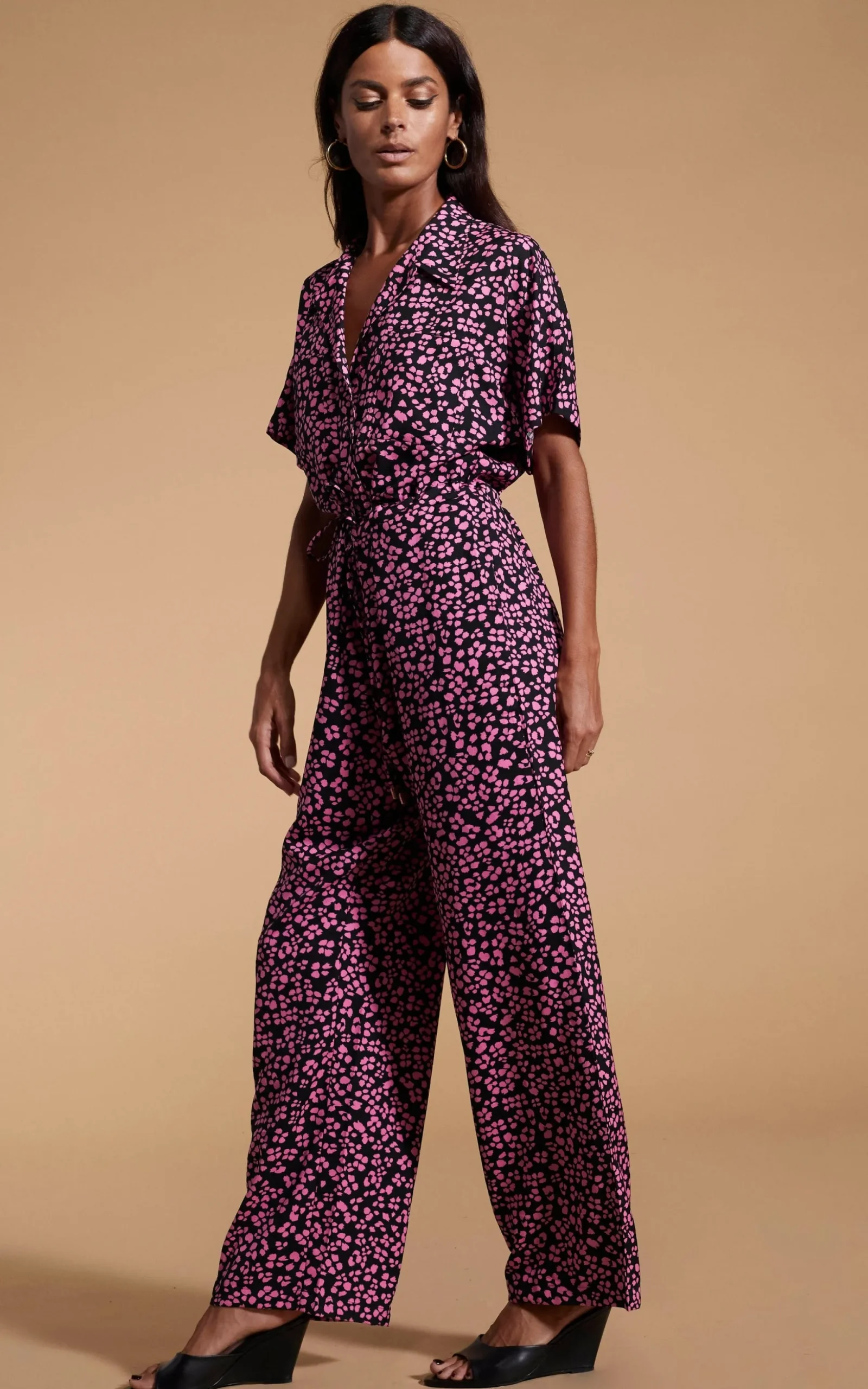 Zeta Jumpsuit In Pink On Black Leopard