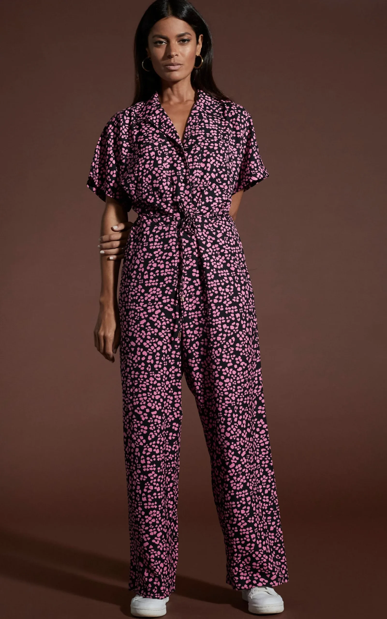 Zeta Jumpsuit In Pink On Black Leopard