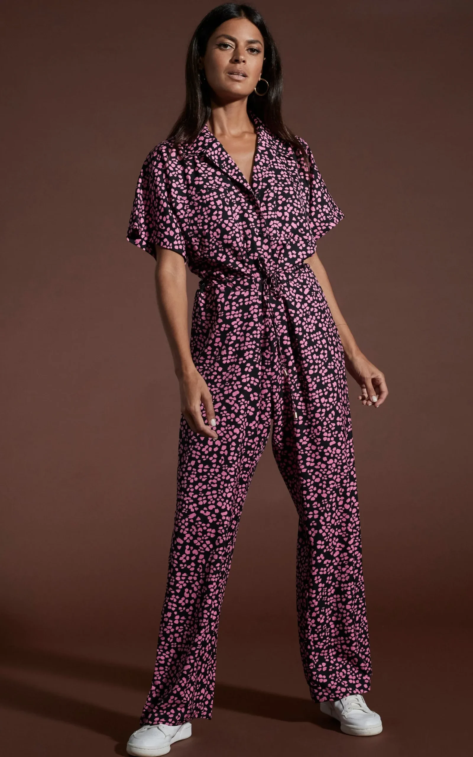 Zeta Jumpsuit In Pink On Black Leopard