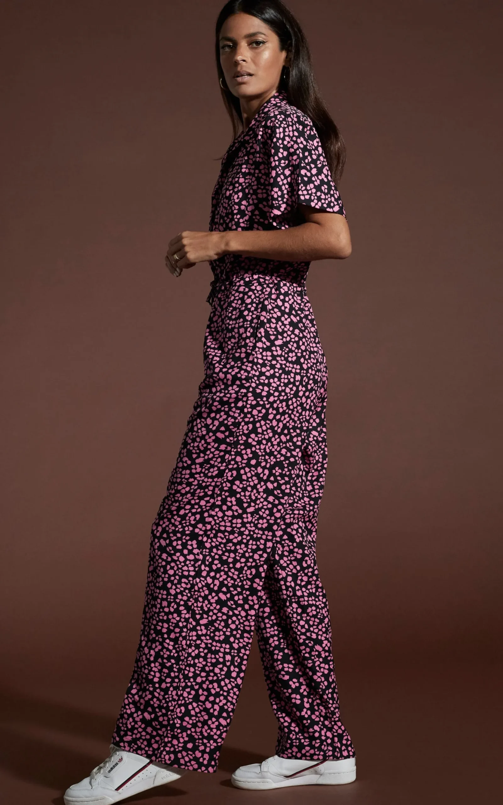 Zeta Jumpsuit In Pink On Black Leopard