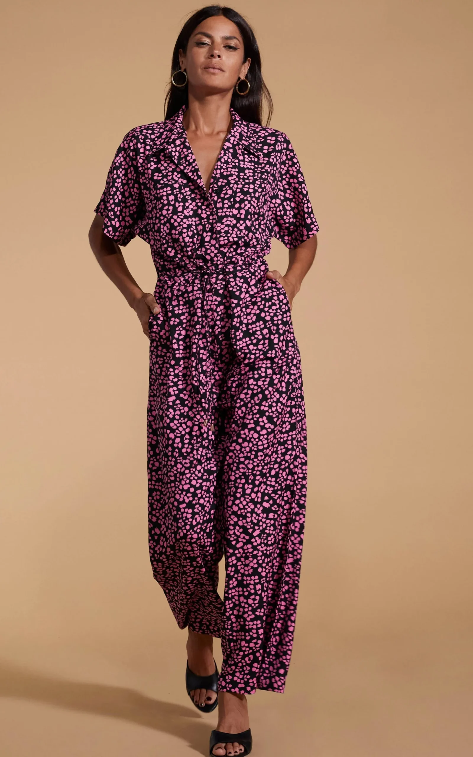 Zeta Jumpsuit In Pink On Black Leopard
