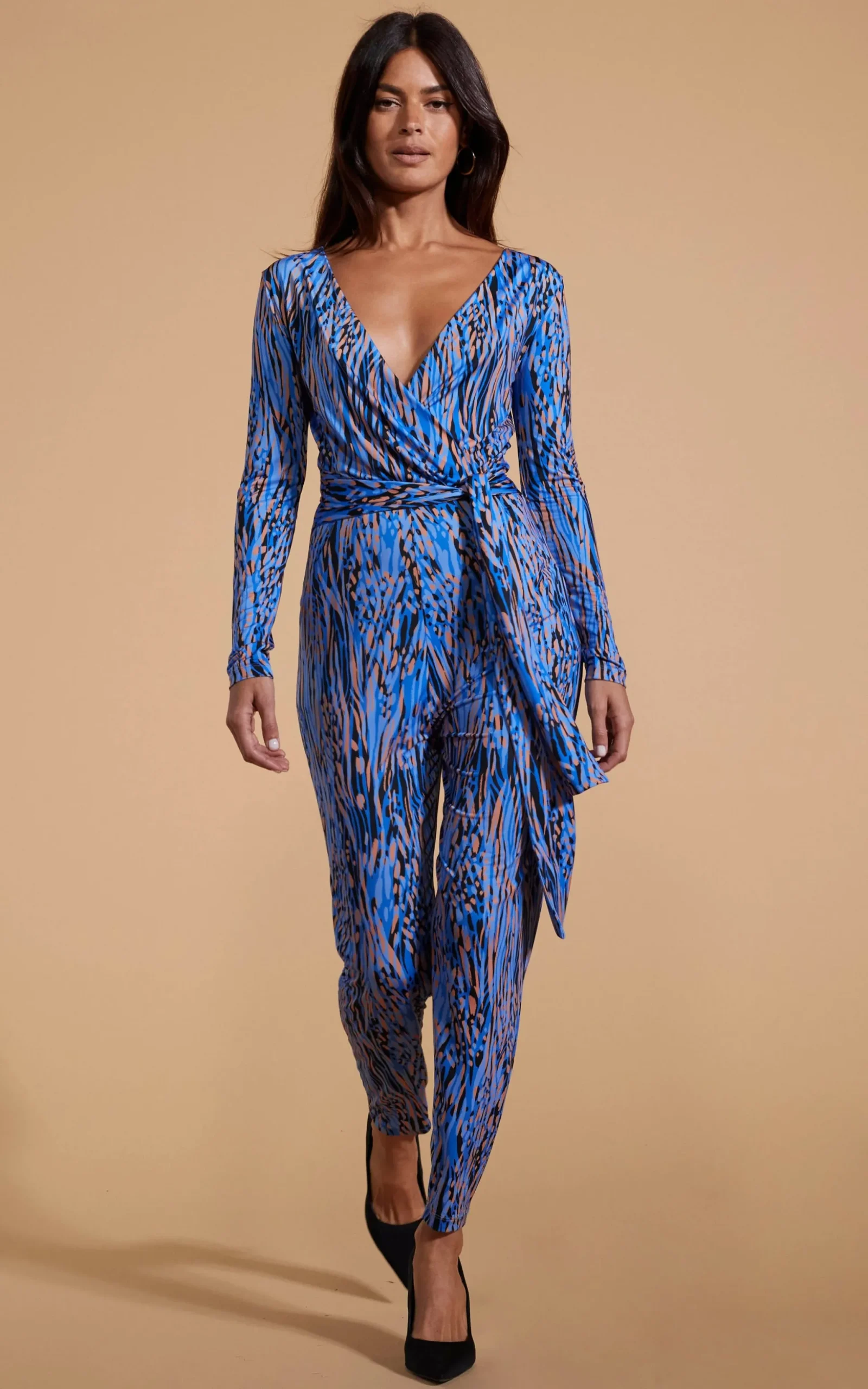 Zion Slinky Jumpsuit In Brushed Blue Leopard